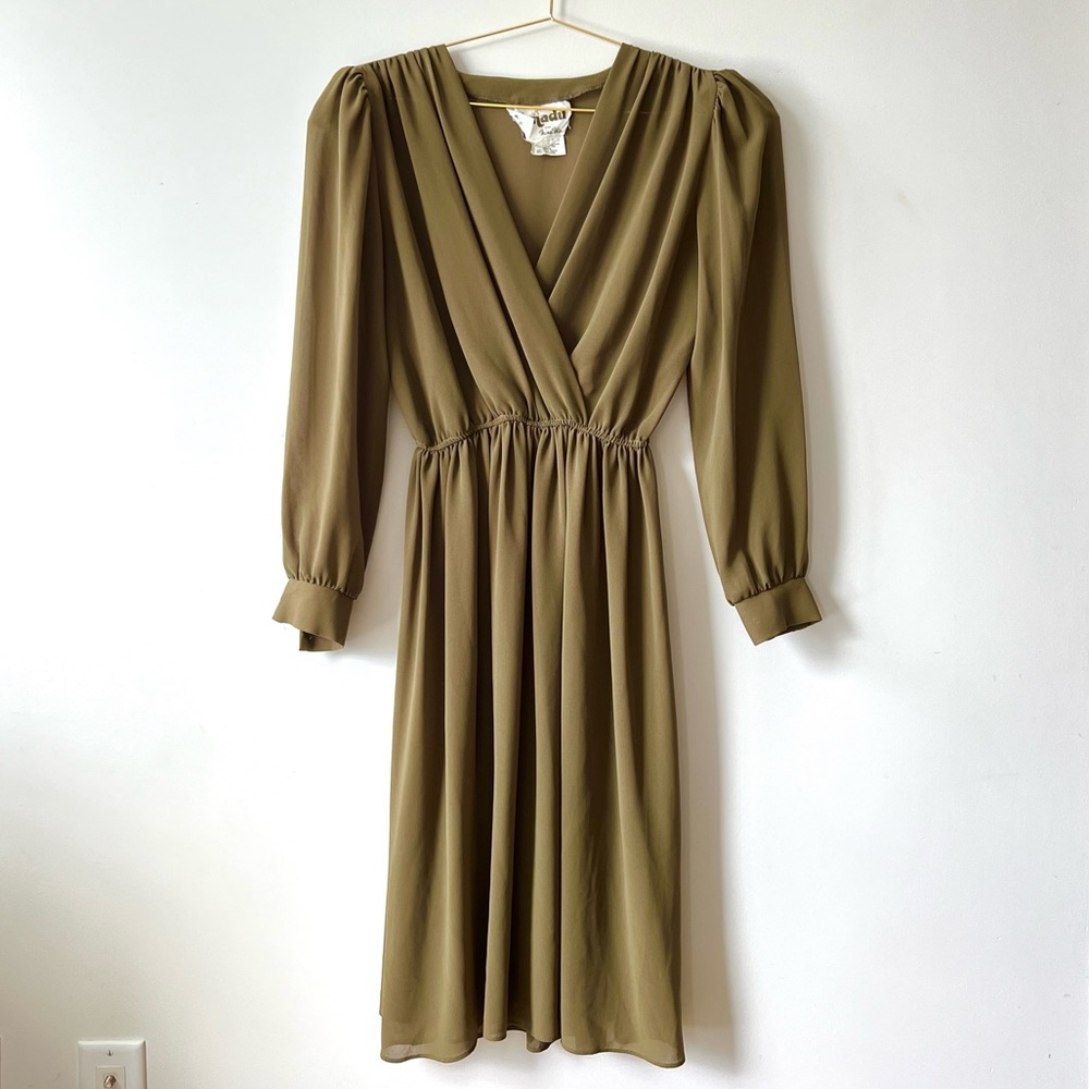 Vintage Midi Olive Green Puff Sleeve Dress, Made in Canada